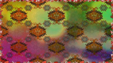 Raster illüstrasyonu. Kahverengi ve yeşil kıvırcık çiçekler kahverengi ve yeşil renklerde şekillenir. Klasik çiçek tasarım elementleri.