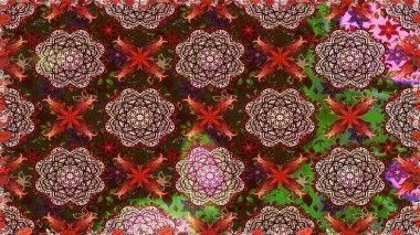 Raster illüstrasyonu. Moda baskısı, albüm, ambalaj kağıdı ve duvar kağıdı için zarif dekoratif süslemeler. Kahverengi ve kırmızı renklerde sevimli çiçekler. Küçük çiçekli basit, pürüzsüz desen..