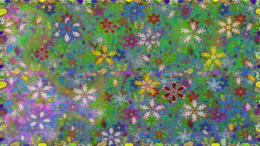 Asya tekstil tarzında. Raster illüstrasyonu. Yeşil ve mavi renkte çiçekler. Kusursuz çiçek deseni. Raster illüstrasyonu.