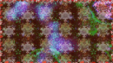 Karalama çiçekleri kusursuz desen. Raster deseni. Kahverengi ve yeşil el çizimi desen. Sanat esinlenir ve yeşil stil çiçekler bırakır.