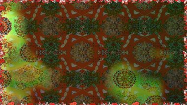 Renkli Bahar Temalı Kusursuz Arkaplan. Çiçeksel fantezi tasarımı, parlak bir arka planda, kusursuz bir desen. Düz Çiçek Elementleri Tasarımı.