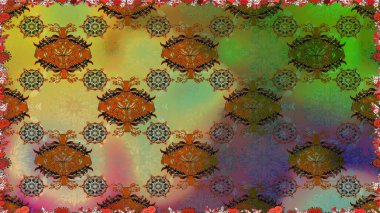 Modern çiçek arkaplanı. Parlak renkli çiçeklerle ve kahverengi ve yeşil renklerde yapraklarla şaşırtıcı, pürüzsüz çiçek deseni. Halk tarzı. Moda baskıları için zarif bir şablon.