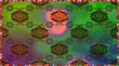 Kumaş desenli papatya çiçeği detayı. Yeşil ve kahverengi renkte çiçekler.