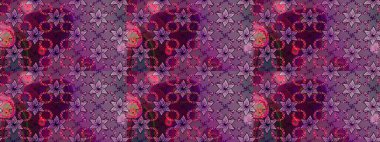 Raster deseni. Raster illüstrasyonu. Yumuşak, bahar çiçekleri mor ve kahverengi renklerde. Patlayan çiçekler soyut yerleştirilmiş.