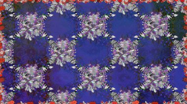 Raster Modaya uygun kumaş deseni. Mor ve mavi renkli şirin çiçek desenleri. Renkli Bahar Temalı Kusursuz Arkaplan. Düz Çiçek Elementleri Tasarımı.