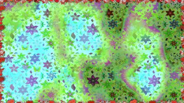 Düz Çiçek Elementleri Tasarım Raster illüstrasyonu. Yeşil ve mavi renkte çiçekler. Renkli Bahar Temalı, dikdörtgen desenli arka plan. Çiçekli, suluboya desenli kusursuz çiçek deseni.