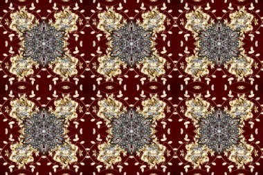 Gri, kırmızı ve kahverengi renklerde, altın elementlerle kusursuz klasik desen. Noel, kar tanesi, yeni yıl 2025.