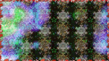 Raster Illustrasyon 'da moda olmayan çiçek deseni. Güzel kumaş deseni. Renkli Yaz Temalı Kusursuz Arkaplan. Düz Çiçek Elementleri Tasarımı.