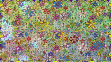 Renkli grunge, koloni ve yeşil çiçeklerle soyut bir arka plan oluşturur. Parmak izi, kumaş, duvar kâğıdı, tekstil için raster dokusu. İşlemeli çiçek desenli..
