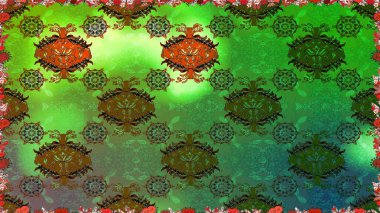 Düz Çiçek Elementleri Tasarım Raster illüstrasyonu. Yeşil ve kahverengi renkte çiçekler. Renkli Bahar Temalı, pürüzsüz bir arka plan. Çiçekli, suluboya desenli kusursuz çiçek deseni.