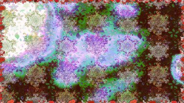 Güzel, parlak, pürüzsüz kumaş, tuval. Raster illüstrasyonu. Eski moda arka plan. Şablon, pürüzsüz, çiçekli kenar. Çiçek çelengi. Kıvırcık, parlak örgü.