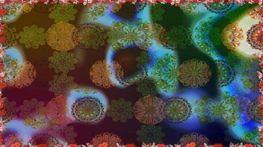 Raster illüstrasyonu. Kahverengi ve yeşil renklerde. 3D çiçekler, pürüzsüz.