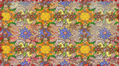 Raster illüstrasyonu. Asya tekstil tarzında. Renkli Bahar Temalı Kusursuz Arkaplan. Bej ve kahverengi renkli çiçekler. Kusursuz çiçek deseni. Düz Çiçek Elementleri Tasarımı.