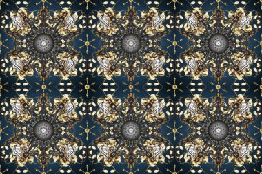 Geleneksel oryantasyon süsü. Kusursuz klasik raster mavisi, bej, gri ve altın desenli. Klasik vintage arkaplan.