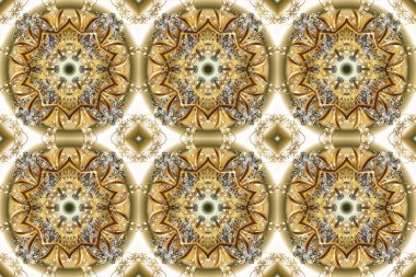 Kına dövmeli süs çiçekleri, altın çıkartmalar, mehndi ve yoga tasarımı, kartlar ve parmak izleri. Kahverengi, bej ve nötr renklerde desen. Raster altın mehndi kusursuz desen.