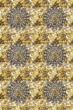 Seamless vintage pattern on beige, brown and gray colors with golden elements. Christmas, snowflake, new year. Golden seamless pattern on beige, brown and gray colors with golden elements.