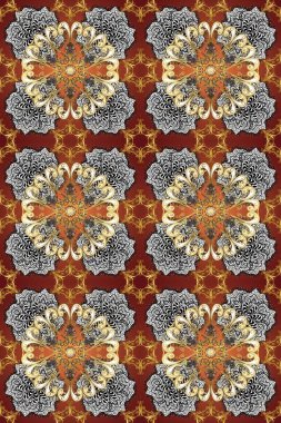 Altın karalama fantezi yapraklarından Raster soyut çiçek çelengi ve kahverengi, gri ve bej renkli bir çiçek. El yapımı dekoratif çerçeve, albüm kapağı, tebrik kartı, klasik Art deco tarzı.