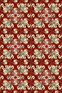 Raster illustration. Seamless pattern on red, beige and brown colors with golden elements. Traditional orient ornament. Seamless classic raster golden pattern. Classic vintage background.