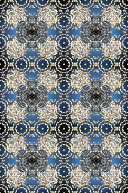 Raster illustration. Raster abstract background with repeating elements. Golden seamless pattern on blue, gray and beige colors with golden elements. Seamless damask classic golden pattern.
