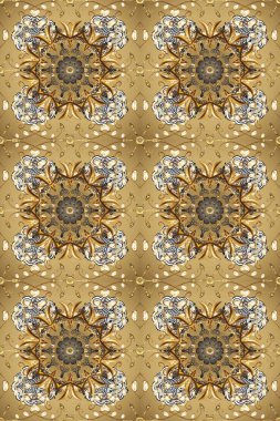 Seamless golden pattern. Seamless pattern on beige, brown and neutral colors with golden elements. Raster oriental ornament.