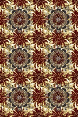 Seamless pattern with floral ornament. Ornamental lace tracery. Vintage design element in Eastern style. Golden ornate illustration for wallpaper. Traditional arabic decor on brown and beige colors.