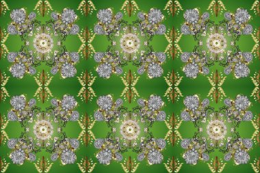 Raster abstract background with golden repeating elements on a neutral, green and gray colors. Seamless oriental classic golden pattern.