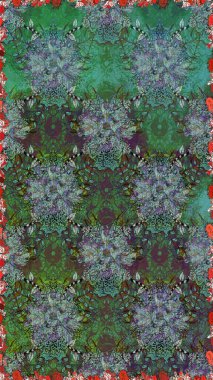 Raster illustration. Flower. On green and gray colors. Seamless decorative background, flower mandala.