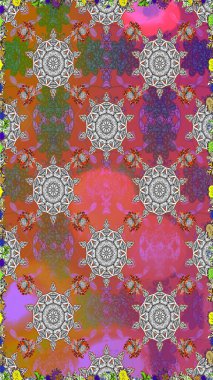 Abstract ethnic raster seamless pattern. Tribal art boho print, vintage flower background. Background texture, wallpaper, floral theme in gray and pink colors.