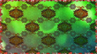 Raster - stock. Seamless background pattern. Flowers with leaves and chamomile with cornflowers on green and brown colors.