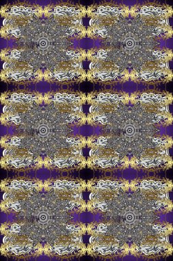 Gray, brown and violet colors with gold elements. Seamless golden textured curls. Raster golden pattern. Raster illustration. Oriental style arabesques.