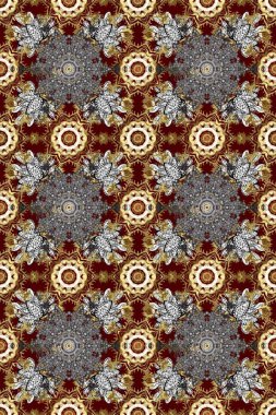 Floral ornament brocade textile pattern, glass, metal with floral pattern on brown, gray and beige colors with golden elements. Classic raster golden seamless pattern.