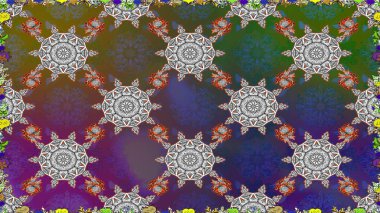 Çok renkli ve kahverengi zarif küçük çiçekler ve gri ve kahverengi renkli komik böcekler, raster deseni, illüstrasyon.