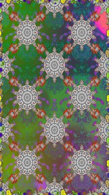 Çiçekli el, pürüzsüz desen çizmiş. Modern gelişim yeşil ve gri raster arka plan duvar kâğıdı illüstrasyonu klasik çizgili iz sürme desenli çiçekler, çiçekli süsler.