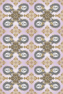 Raster seamless pattern with floral ornament. Vintage design element in Eastern style. Ornamental lace tracery. Golden ornate illustration for wallpaper. Traditional arabic decor on gray beige colors.