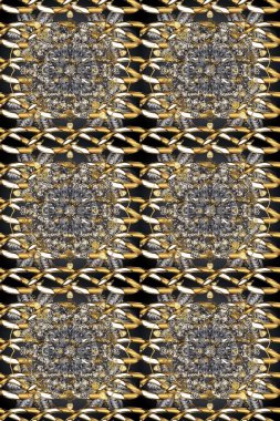 Luxury, royal and Victorian concept. Golden pattern on a gray, brown and beige colors with golden elements. Ornate decoration. Raster vintage baroque floral seamless pattern in gold.