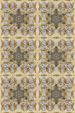 Seamless golden pattern. Gray, beige and neutral colors with golden elements. Raster golden floral ornament brocade textile and glass pattern. Gold metal with floral pattern.