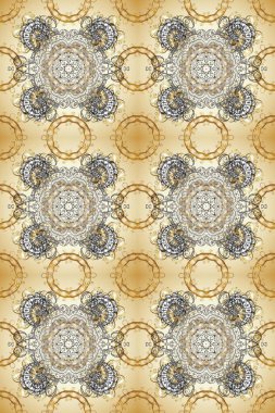 Damask seamless repeating pattern. Golden element on beige, brown, gray, neutral and blue colors. Antique golden repeatable wallpaper. Gold floral ornament in baroque style.