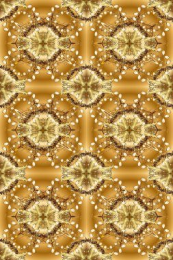 Gold floral ornament in baroque style. Damask seamless repeating background. Golden element on yellow and brown colors. Gold Wallpaper on texture background.