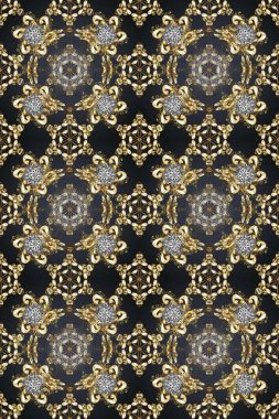 Kahverengi, bej ve gri renklerde altın element. Barok tarzında altın çiçekli süs. Damask pürüzsüz yineleme kalıbı. Antika altın tekrarlanabilir duvar kağıdı.