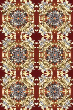 For your design, wallpaper. Golden seamless pattern on brown, beige and gray colors with golden floral elements. Raster geometric background. Golden color seamless illustration.