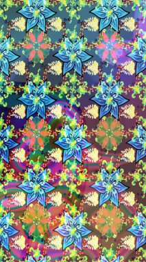 Elle boyanmış suluboya resim çizimleri, çiçekler ve bitkiler. Mavi ve yeşil renkte çiçekler.