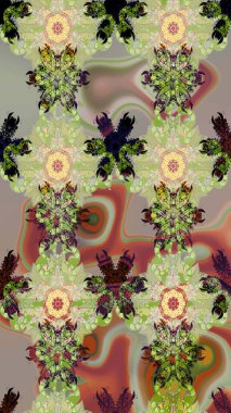 Raster illüstrasyonu. Şirin çiçekli eskiz deseni ve nötr ve bej renklerde yapraklar, suluboya çiçek deseni, duvar kağıdı, kart veya kumaş için fayanslı.