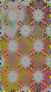 Retro textile design collection. Abstract seamless raster pattern with hand drawn floral elements. Silk scarf with blooming flowers. Gray and brown on gray and brown. 1950s-1960s motifs.