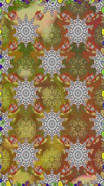 Kızılderili desenli desenli desenli şal deseni. Tekstil, tebrik kartı, boyama kitabı, telefon kılıfı baskısı için kullanılabilir. Etnik Mandala süsü. Raster Henna dövme stili.