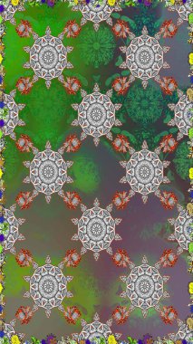 Elle boyanmış suluboya, dikişsiz çiçekler ve bitkiler. Gri ve yeşil renkte çiçekler.