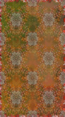 Çiçeklerle suluboya desenli çiçek deseni. Raster illüstrasyonu. Kahverengi ve bej renkli Asyalı tekstil.