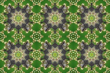Raster illustration. Gold on gray, green and neutral colors. Good for greeting card for birthday, invitation or banner. Seamless medieval floral royal pattern. Decorative symmetry arabesque.