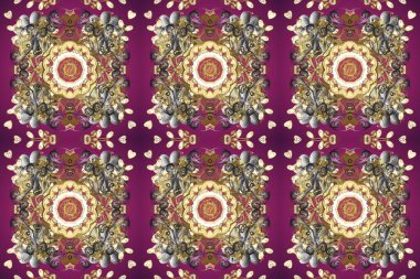 Raster illüstrasyonu. Oriental raster klasik kahverengi, bej, mor ve altın desenli. Kusursuz soyut arkaplan.