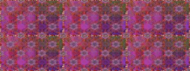 Raster illüstrasyonu. Şirin çiçekli kusursuz desen ve mor renkli yapraklar, suluboya çiçek deseni, duvar kağıdı, kart veya kumaş için fayanslı.