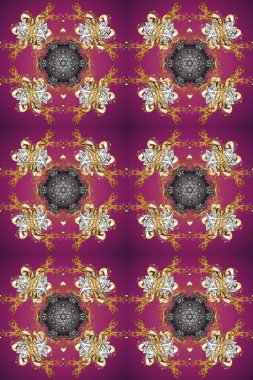 Design vintage for card, wallpaper, wrapping, textile. Gold template. Royal retro on purple, brown and gray colors. Floral classic texture. Seamless pattern golden elements. Raster illustration.